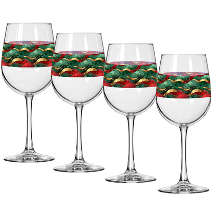 Four wine glasses with decorative green and red wavy design on a white background