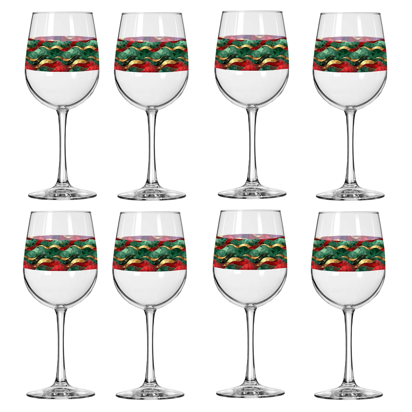 Set of eight wine glasses with red and green wavy design on a white background