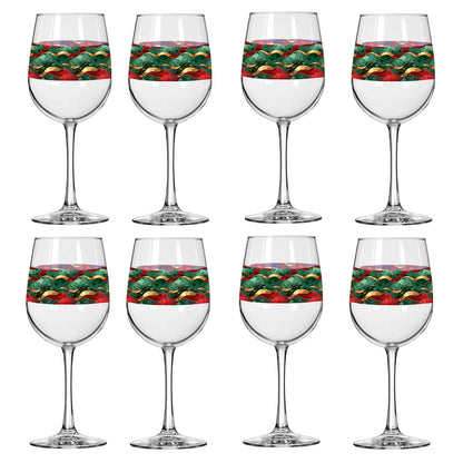 Set of eight wine glasses with red and green wavy design on a white background