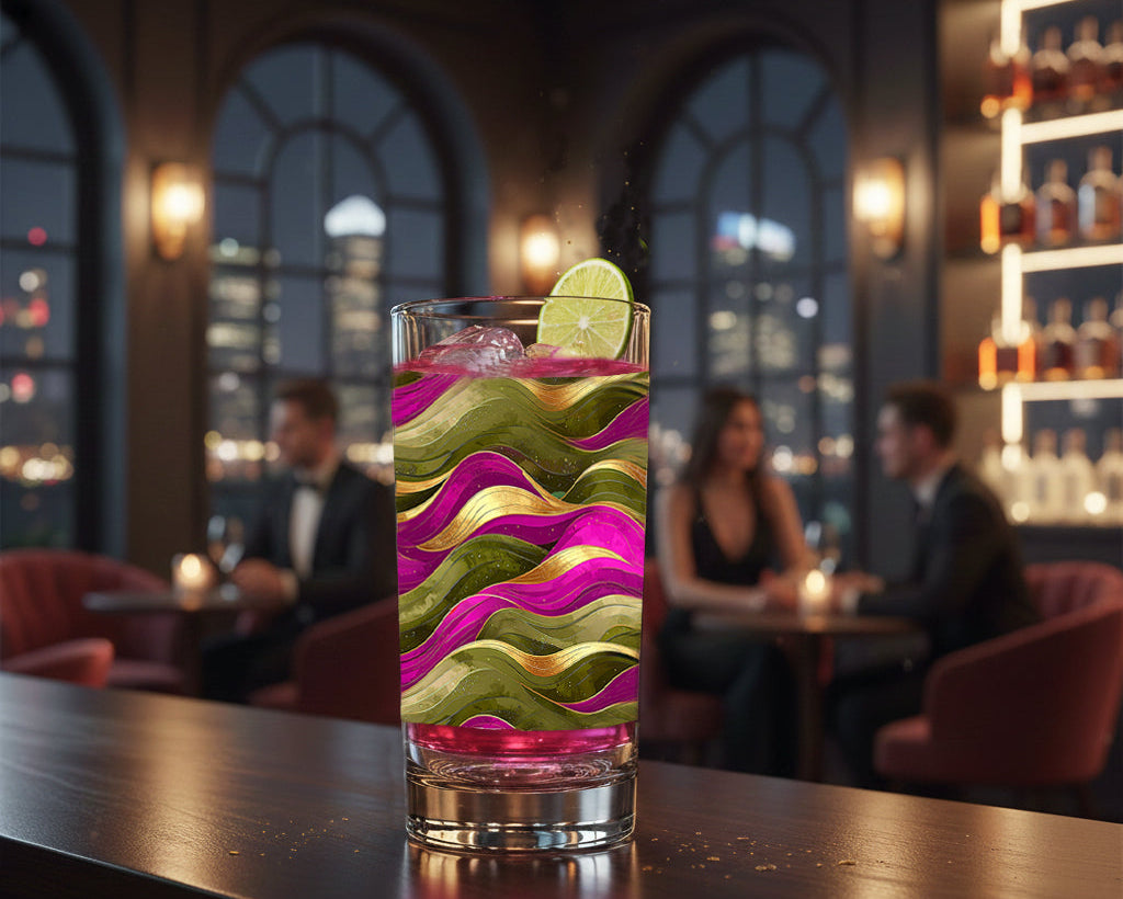 Colorful cocktail in a glass with wavy pattern on a bar counter, blurred bar background
