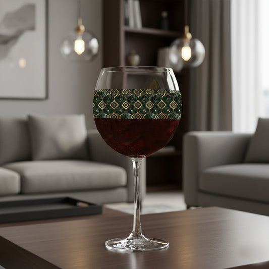 Malachite Enigma balloon wine glass with dark green and gold design and filled with red wine on a table in a modern living room setting