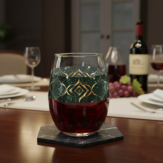 Malachite Enigma stemless wine glass with dark green and gold design and filled with red wine on a wood dining table with grapes, wine bottle and place settings in background