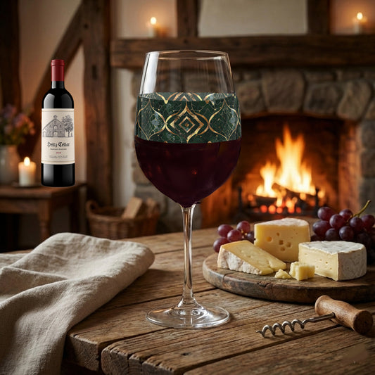 Malachite Enigma tall wine glass with dark green and gold design and filled with red wine, bottle of wine, cheese, and grapes on a wooden table with a fireplace in the background.