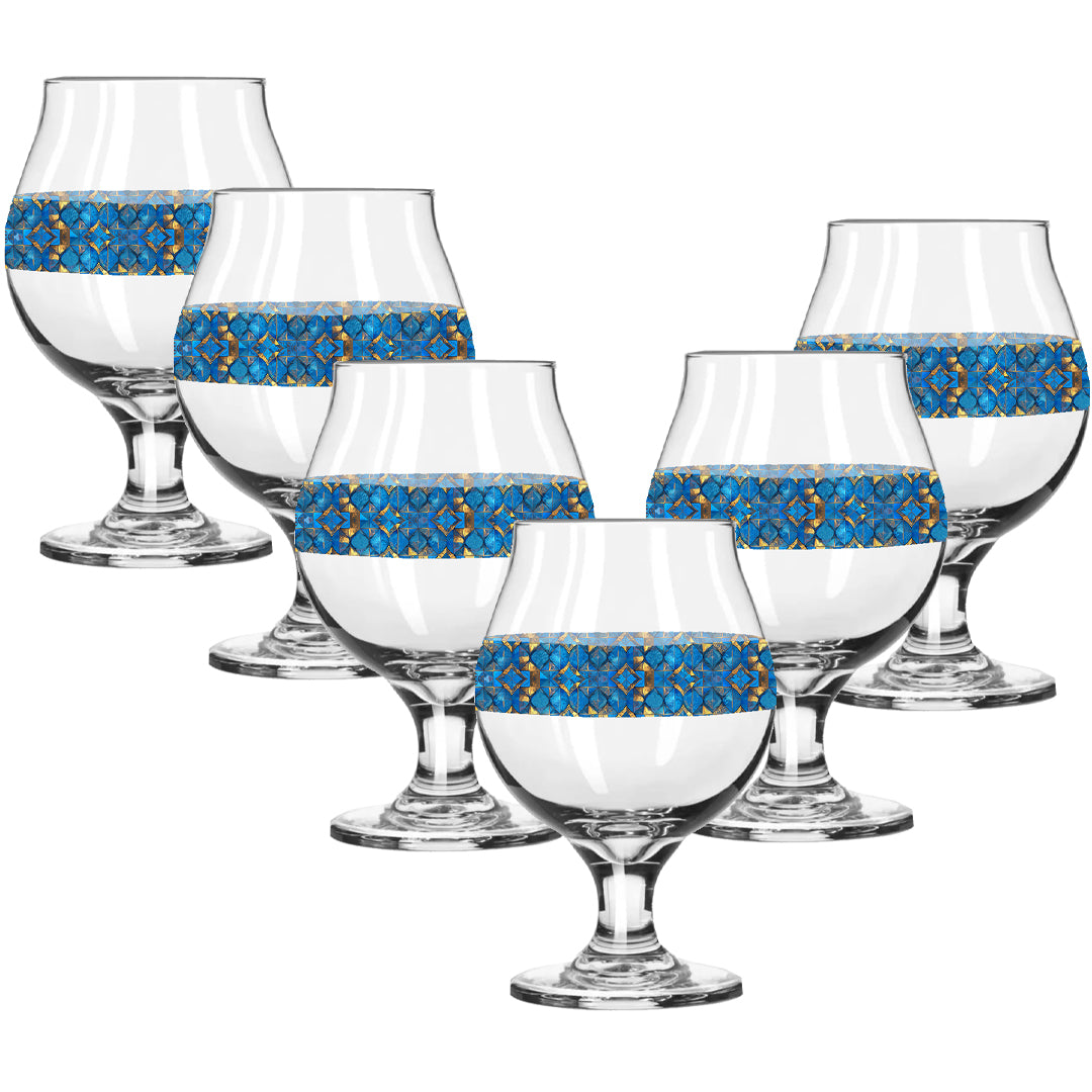 Set of six Belgian beer glasses with turqoise and gold geometric design on a white background