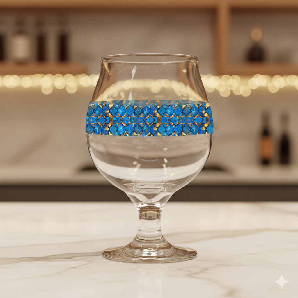 Moroccan Treasure Belgian glass of beer with blue and gold geometric design on a blurred bar background