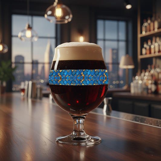 Moroccan Treasure Belgian glass of beer with decorative blue and gold design in front of a festive background with lights and presents.