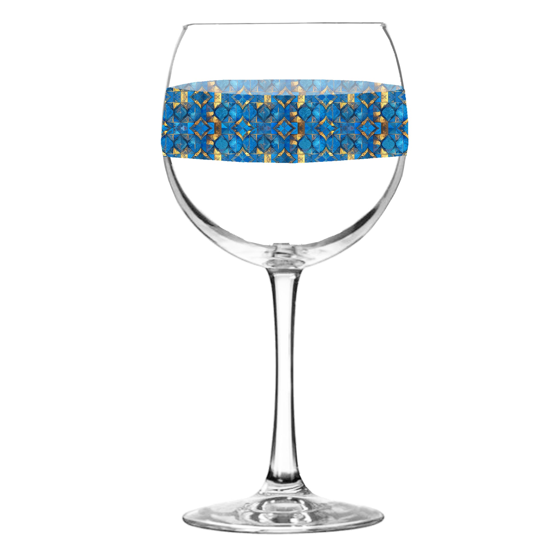 Balloon wine glass with turqoise and gold geometric design on a white background