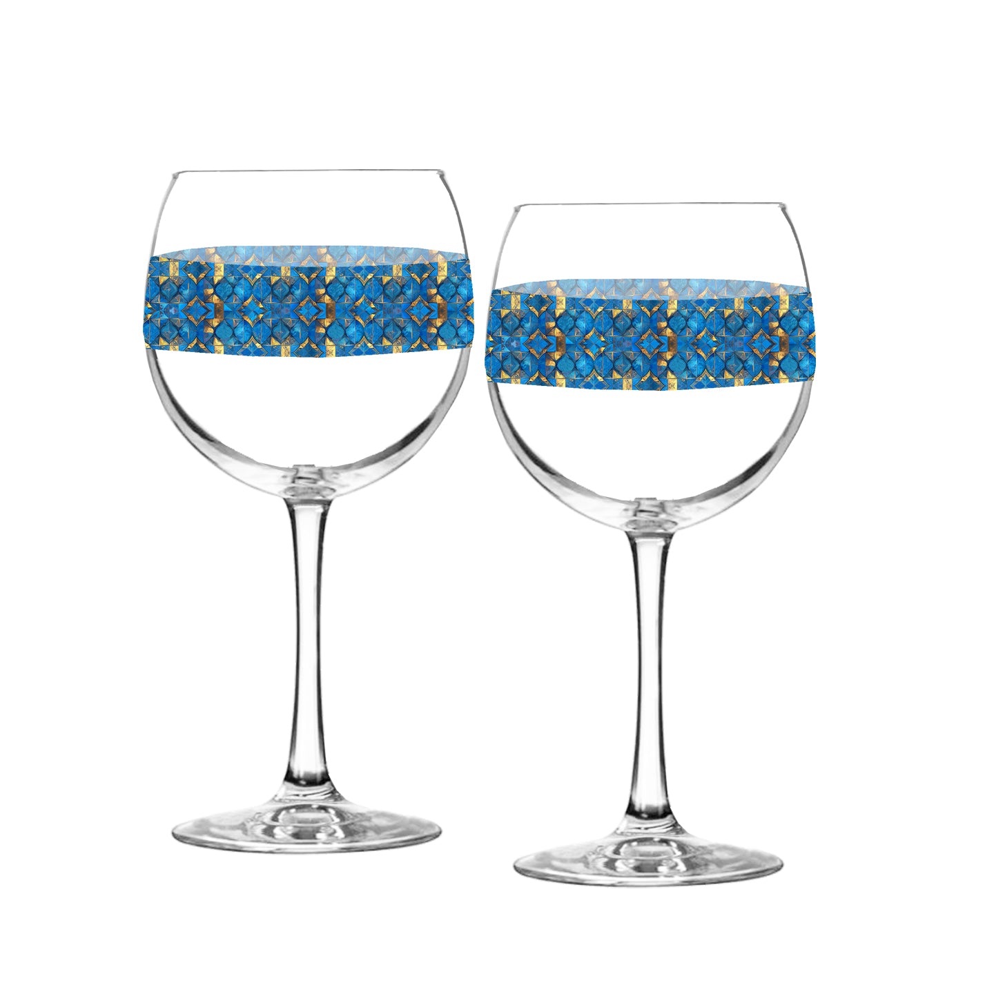 Two balloon wine glasses with turqoise and gold geometric design on a white background