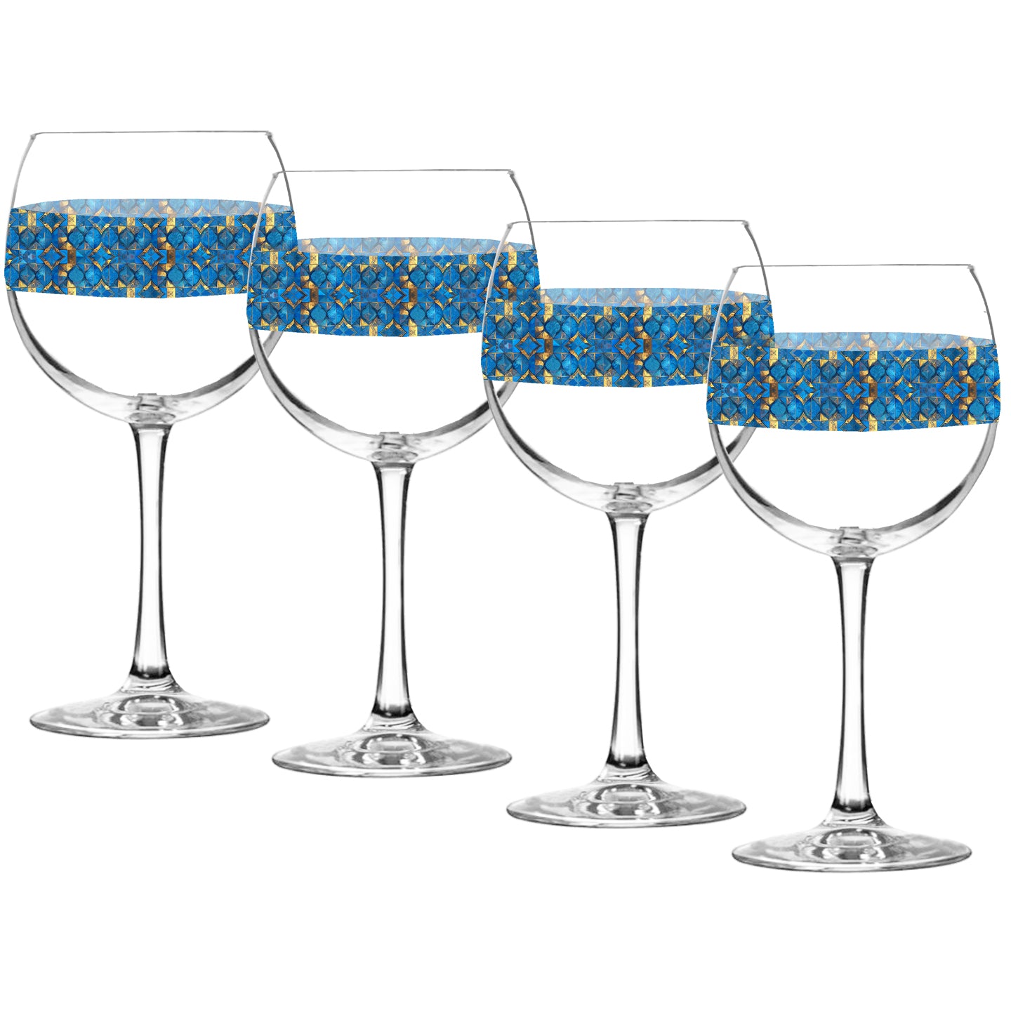 Set of four balloon wine glasses with turqoise and gold geometric design on a white background