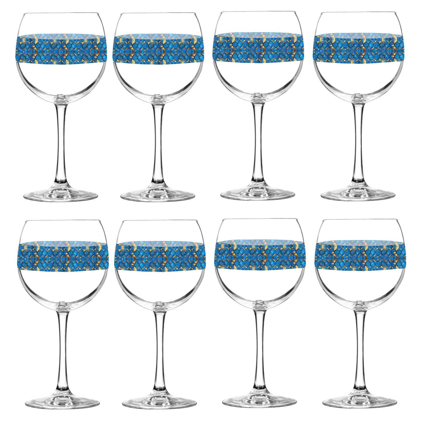 Set of eight balloon wine glasses with turqoise and gold geometric design on a white background