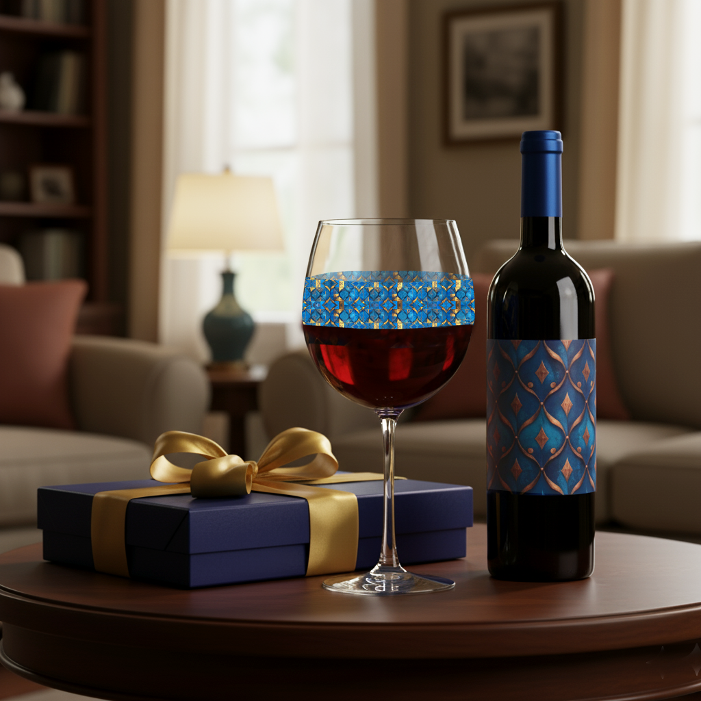 Moroccan Treasure balloon wine glass with turquoise and gold decorative design, wine bottle and gift on a table in a cozy living room setting.