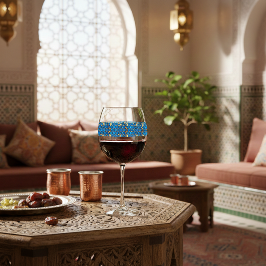 Moroccan Treasure balloon wine glass with turquoise and gold decorative design on a wooden table in a cozy Mororoccan living room 