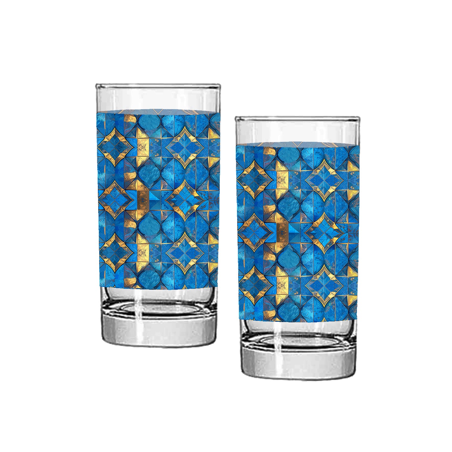 Two highball glasses with turqoise and gold geometric design on a white background