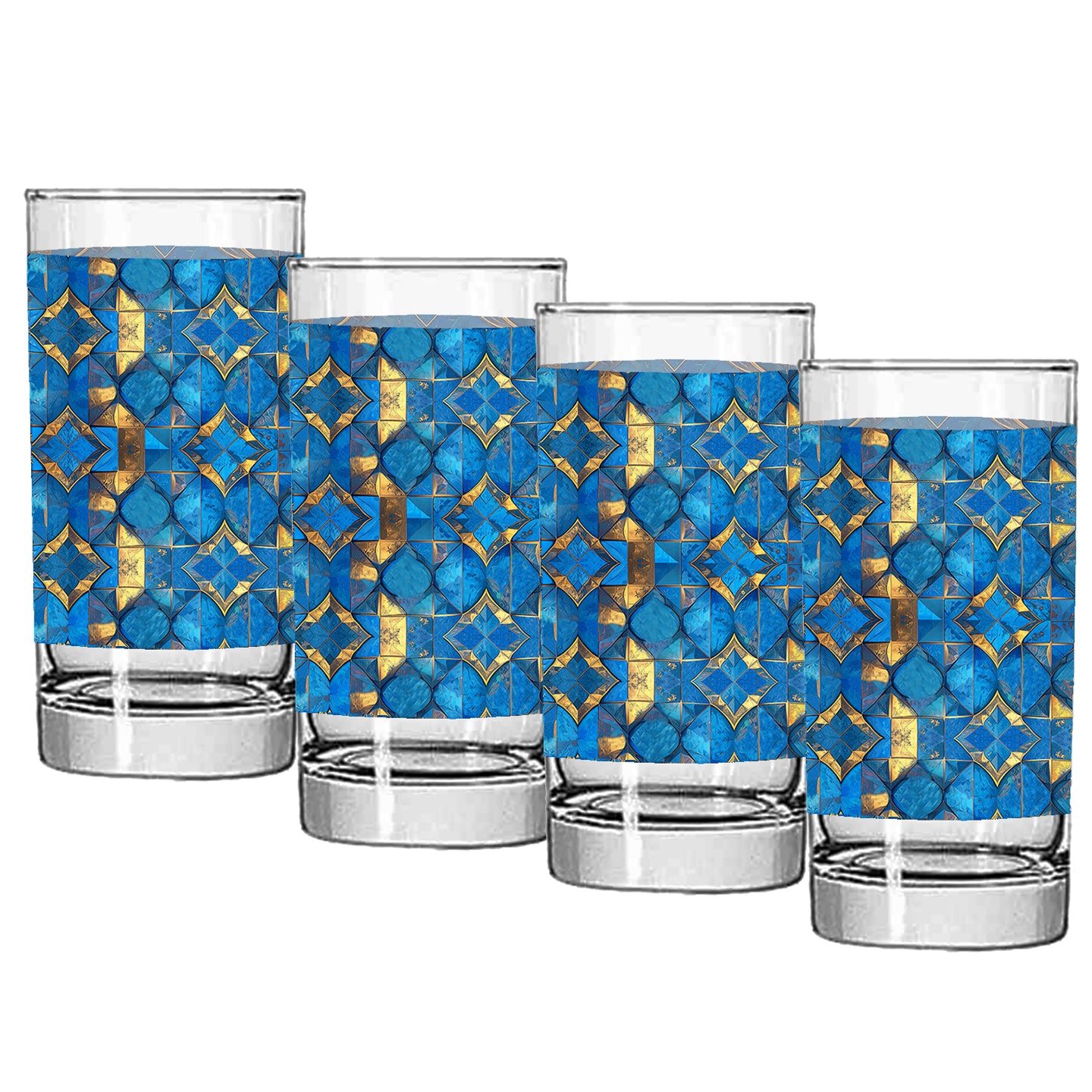 Set of four highball glasses with turqoise and gold geometric design on a white background