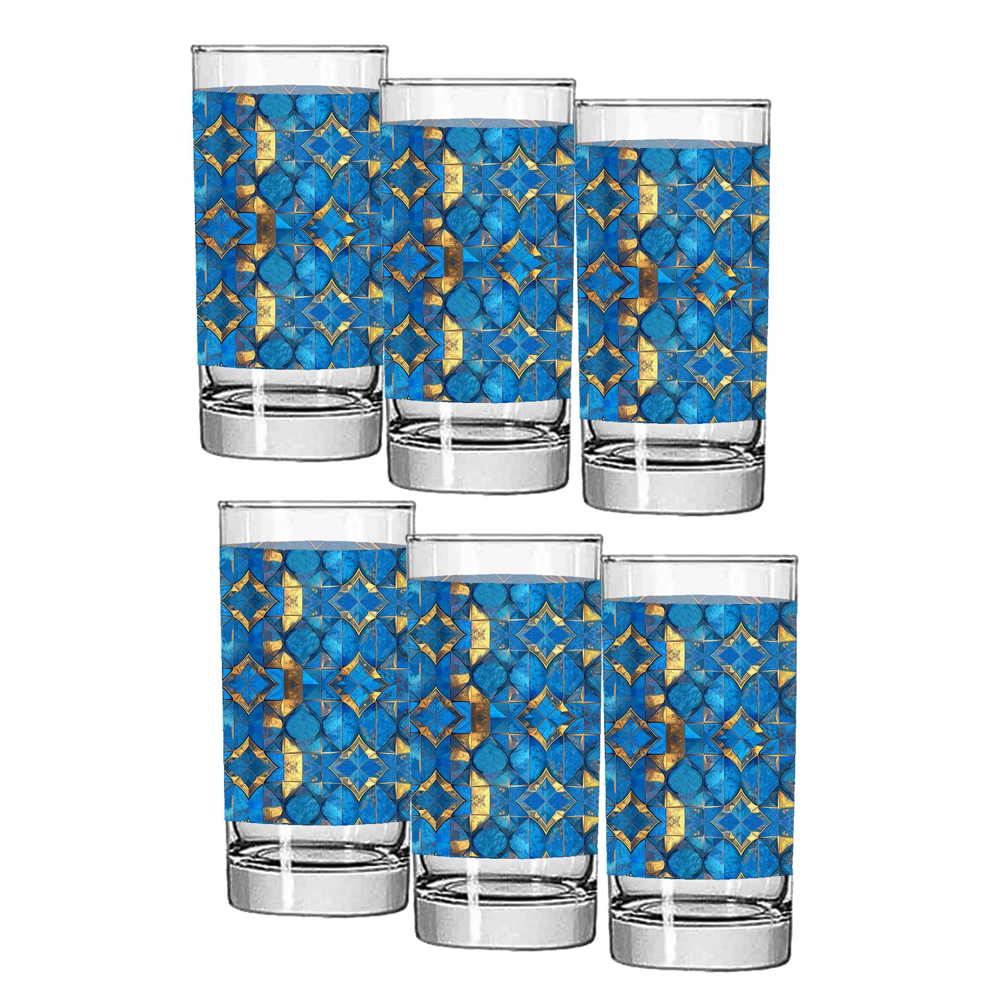 Set of six highball glasses with turqoise and gold geometric design on a white background