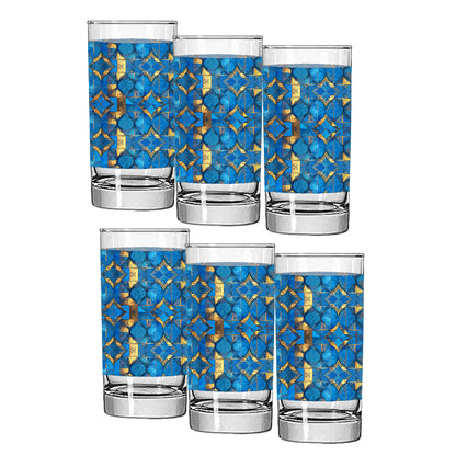 Set of six highball glasses with turqoise and gold geometric design on a white background