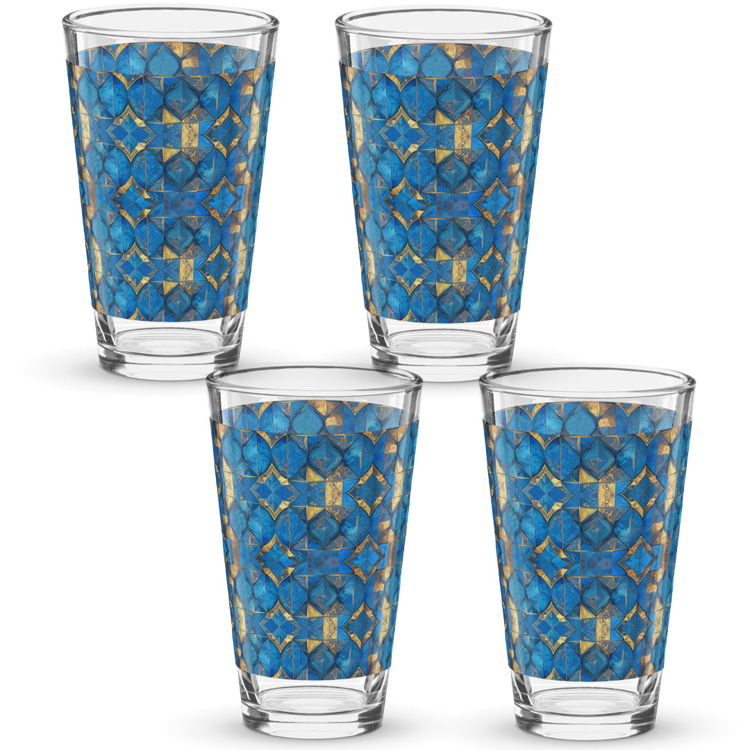 Four pint beer glasses with turqoise and gold geometric design on a white background