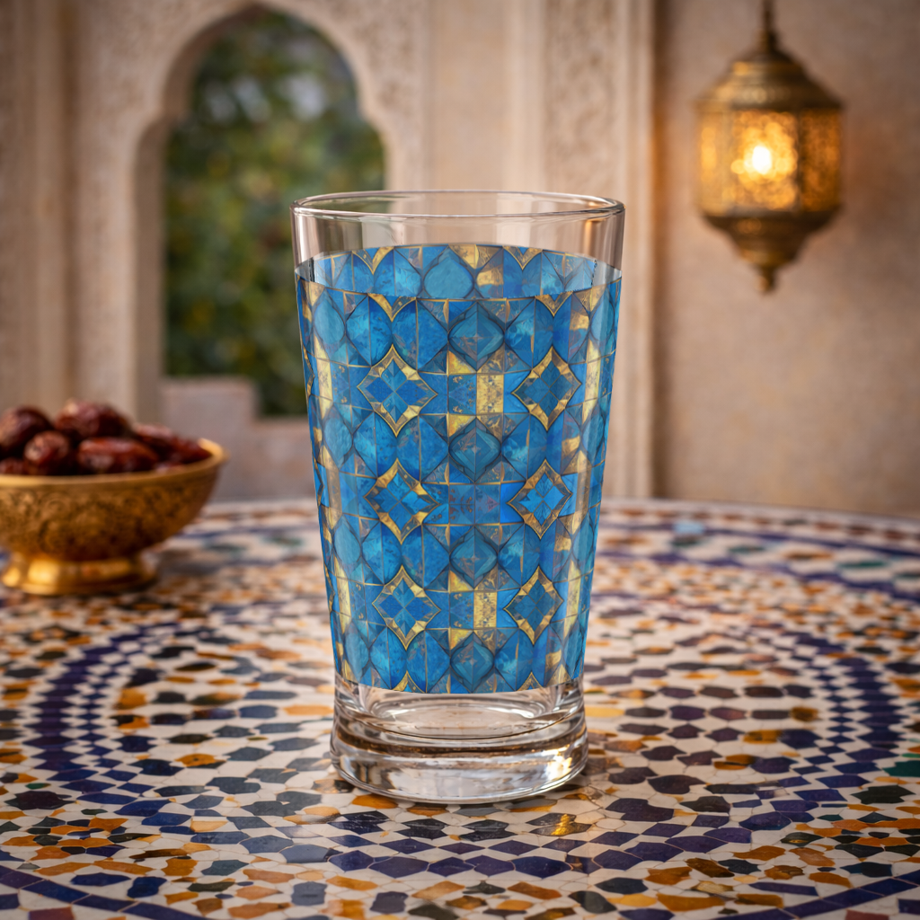 Moroccan Treasure pint beer glass closeup with turquoise and gold design on a mosaic table and blurred background