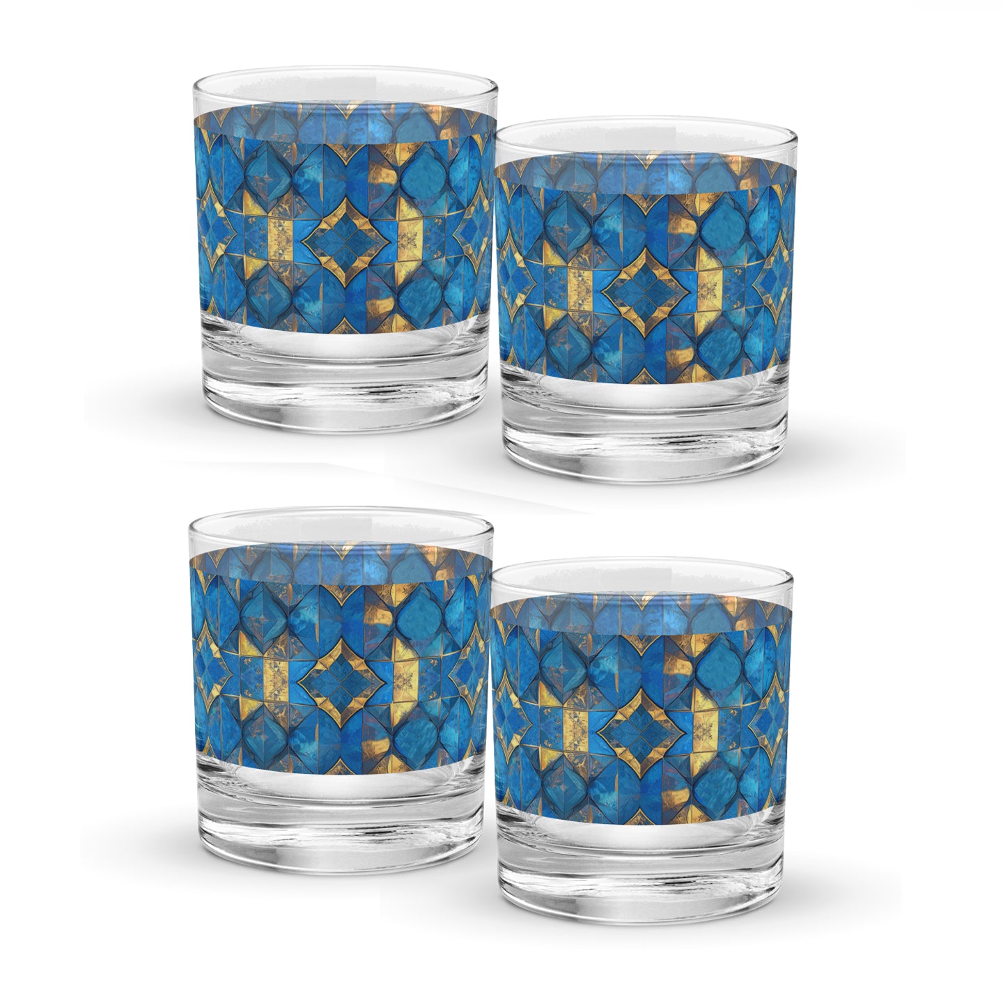 Four rock glasses with turqoise and gold geometric design on a white background