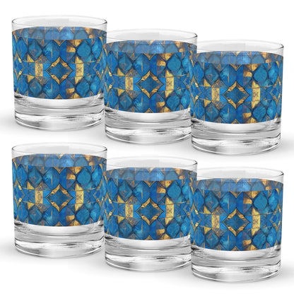 Set of six rock glasses with turqoise and gold geometric design on a white background