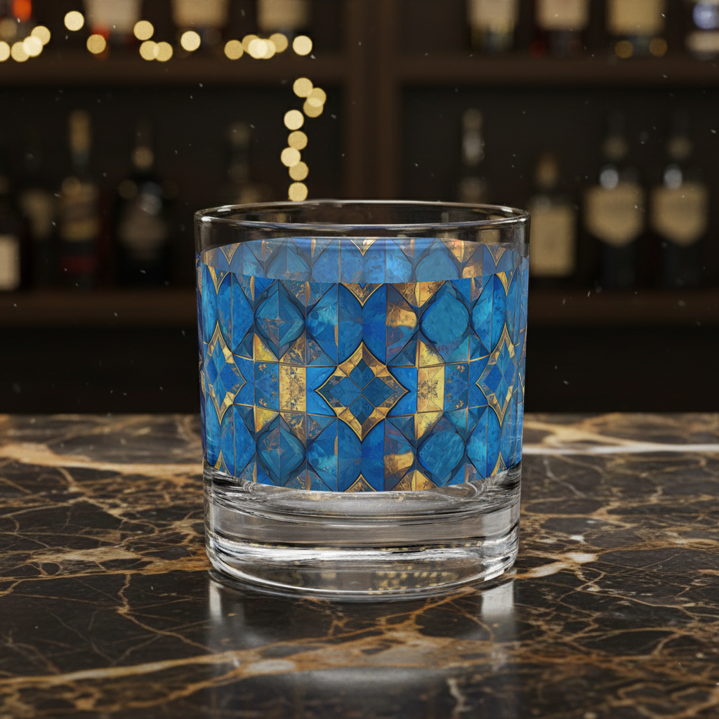 Moroccan Treasure rocks glass with turquoise and gold design on a marble surface with blurred bar background