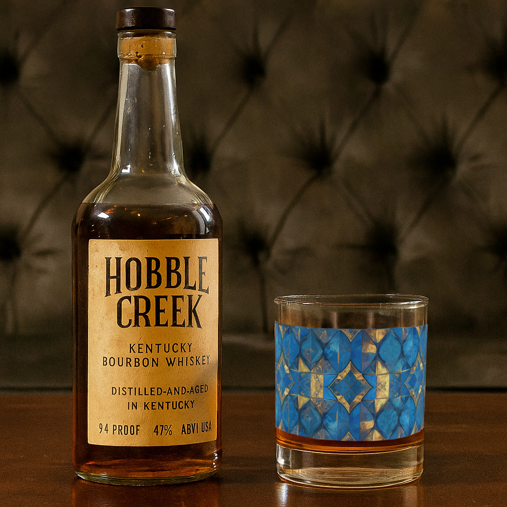 Moroccan Treasure rocks glass with turquoise and gold design, and a bottle of Hobble Creek Kentucky Bourbon Whiskey sitting on a wooden surface.
