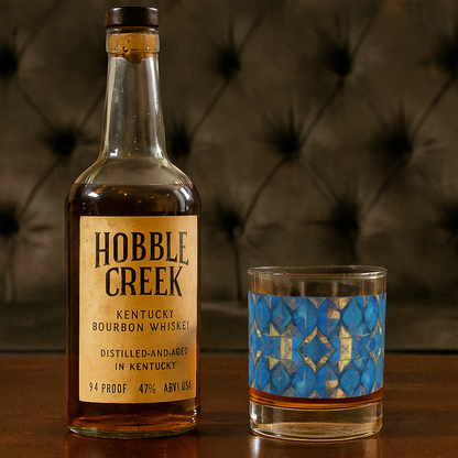 Moroccan Treasure rocks glass with turquoise and gold design, and a bottle of Hobble Creek Kentucky Bourbon Whiskey sitting on a wooden surface.