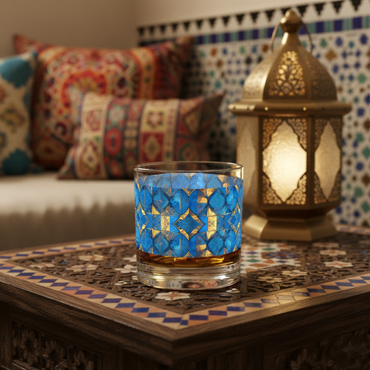 Moroccan Treasure rocks glass with turquoise and gold design, and a bottle of Hobble Creek Kentucky Bourbon Whiskey sitting on a wooden surface.