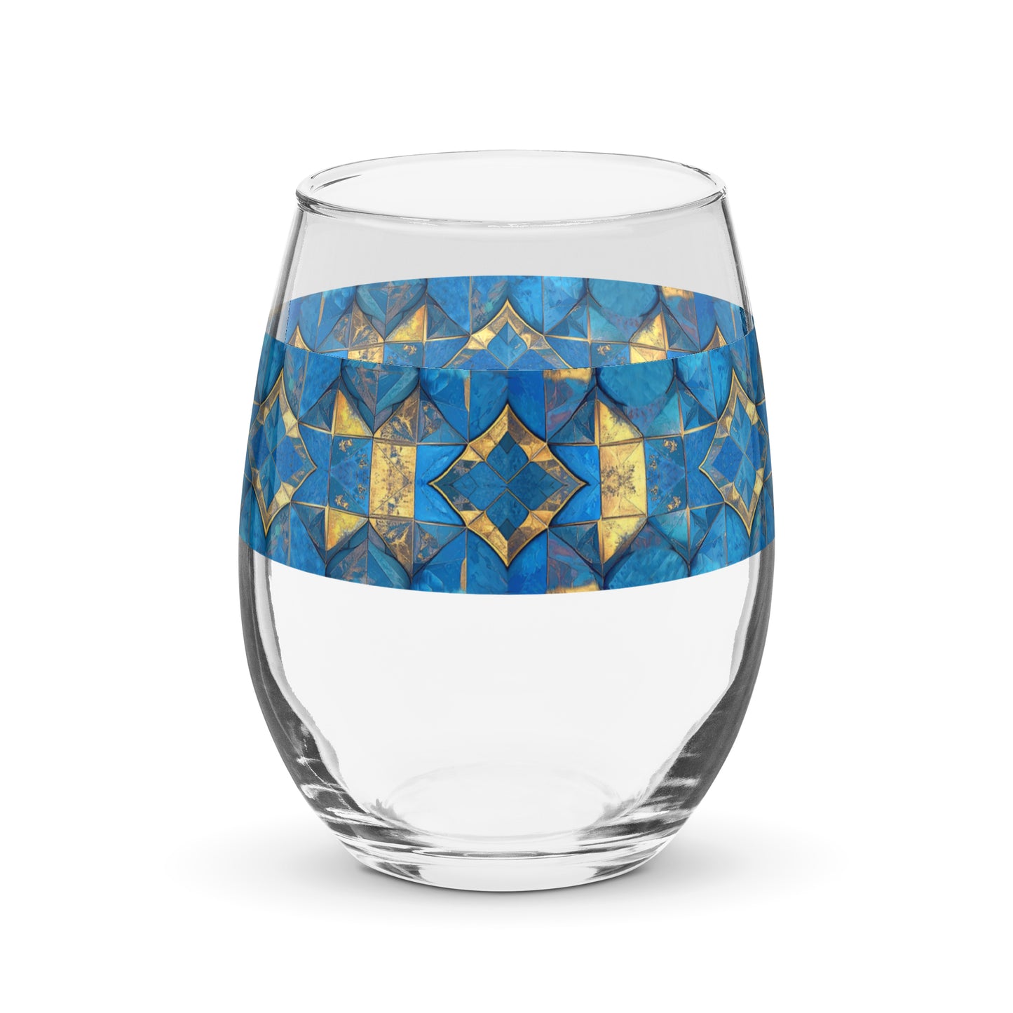 Clear stemless wine glass with turqoise and gold geometric design on a white background