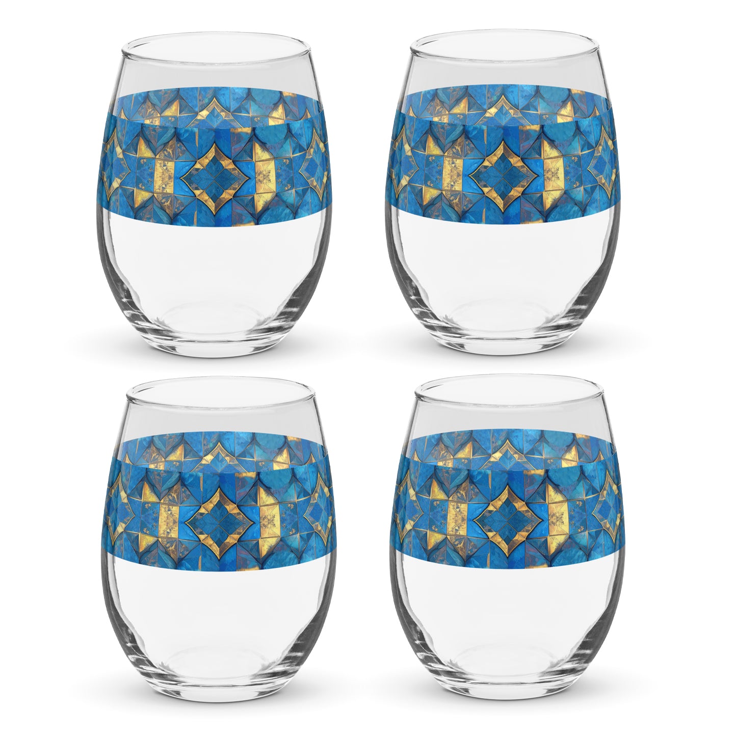 Four stemless wine glasses with turqoise and gold geometric design on a white background