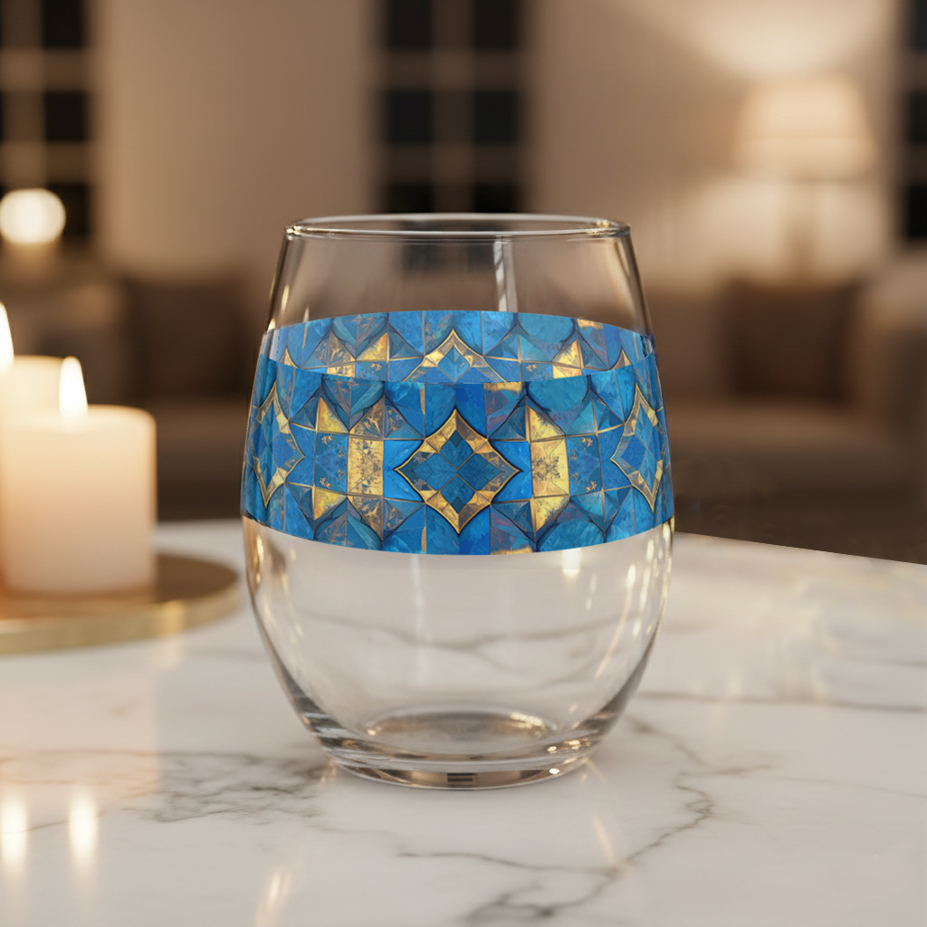 Moroccan Treasure stemless wine glass  with blue and gold geometric pattern on a marble surface with blurred background