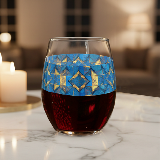 Moroccan Treasure stemless wine glass with   blue and gold geometric design on a marble surface with a blurred candle in the background