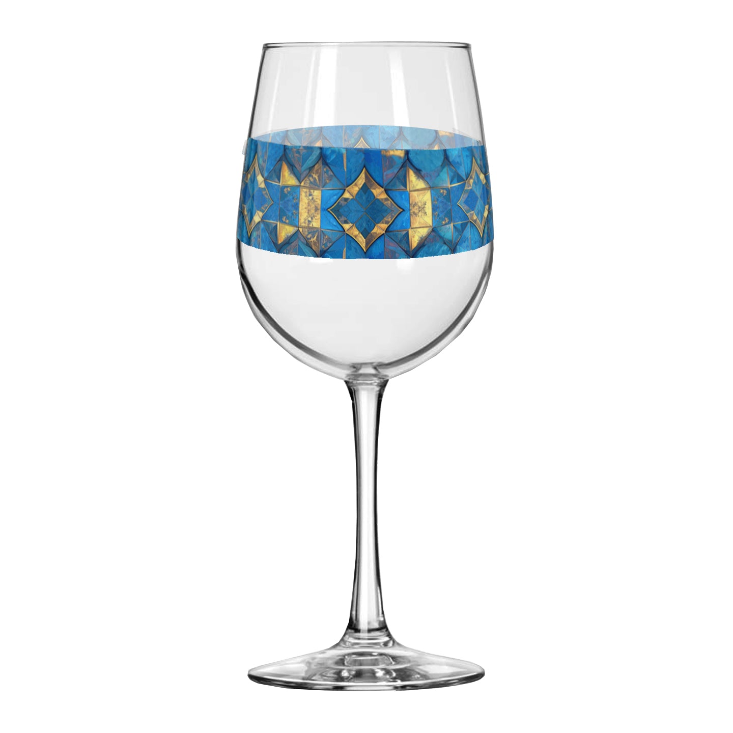 Wine glass with turqoise and gold geometric design on a white background