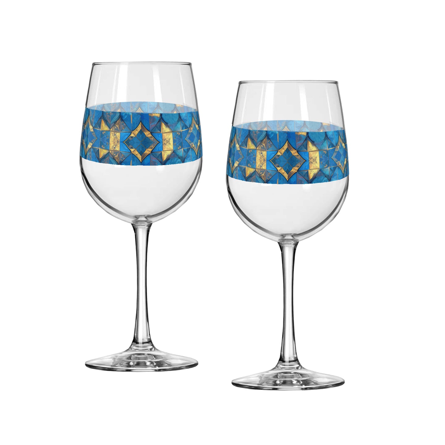 Two wine glasses with turqoise and gold geometric design on a white background
