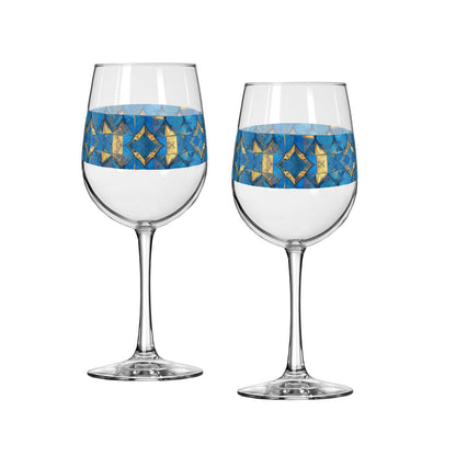 Two wine glasses with turqoise and gold geometric design on a white background