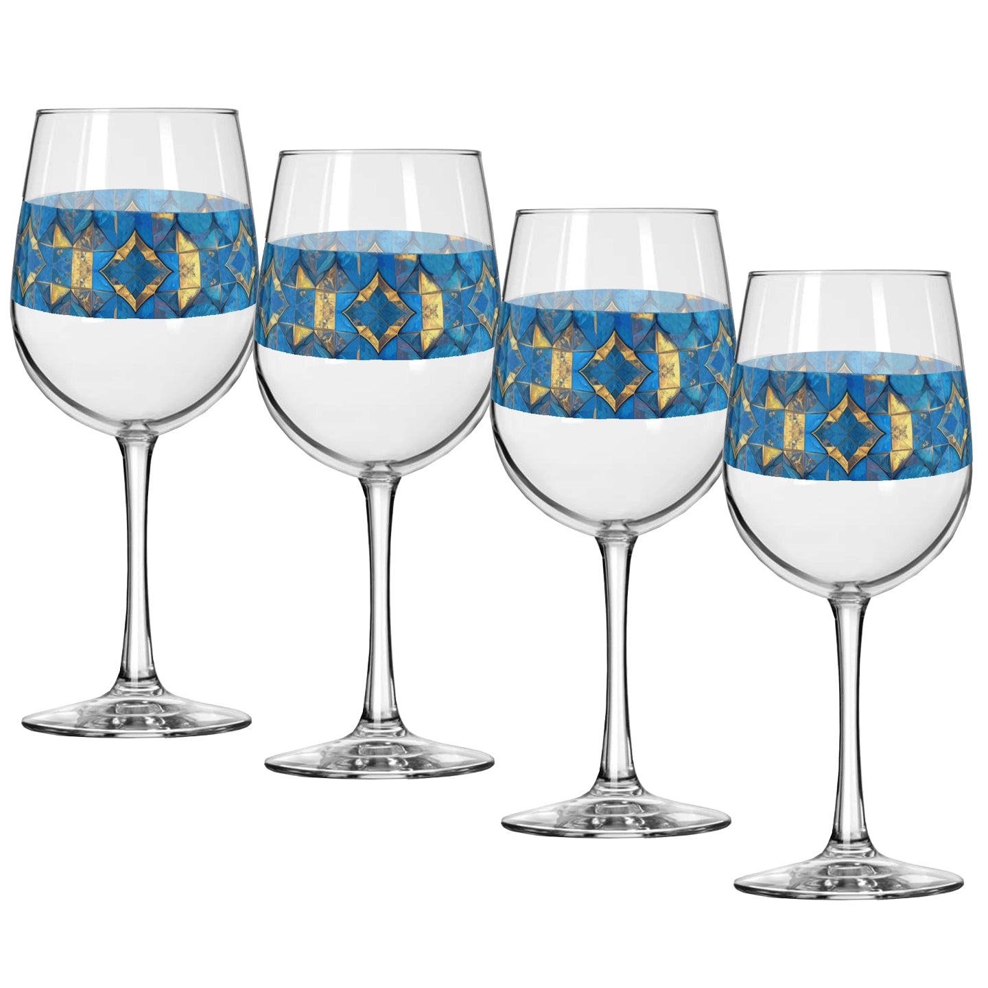 Four wine glasses with turqoise and gold geometric design on a white background