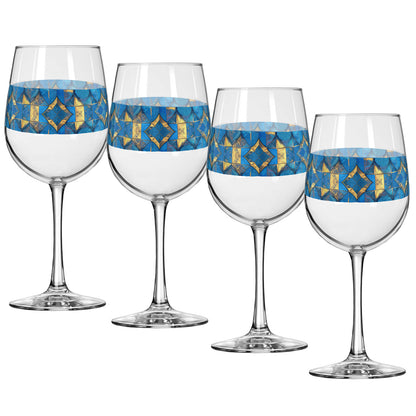 Four wine glasses with turqoise and gold geometric design on a white background