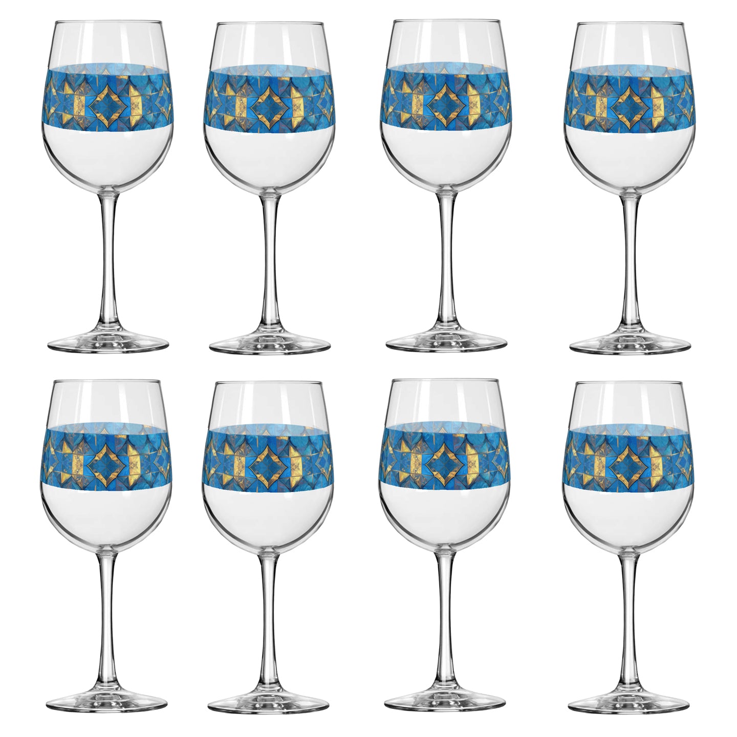 Set of eight wine glasses with turqoise and gold geometric design on a white background
