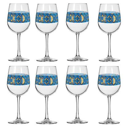 Set of eight wine glasses with turqoise and gold geometric design on a white background