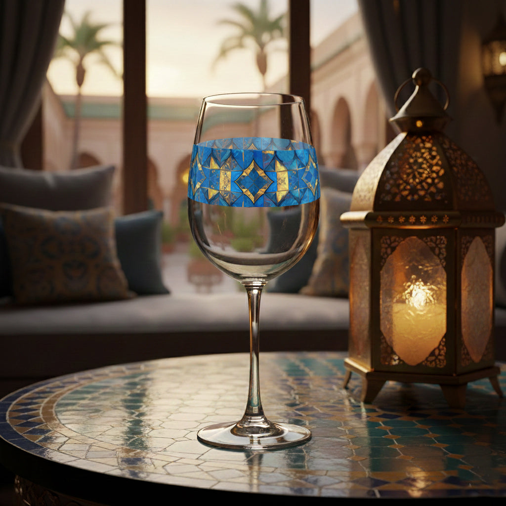 Moroccan Treasure tall wine glass with decorative blue and gold design on a mosaic table with a lantern and outdoor view
