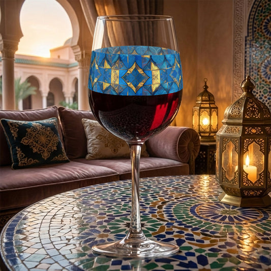 Moroccan Treasure tall wine glass with decorative blue and gold design and filled with red wine, sitting on a mosaic table in a cozy room.