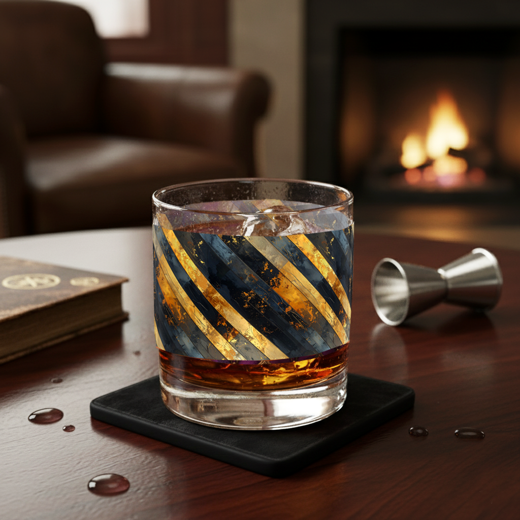 Obisidian Stripes rocks glass of whiskey with a black and gold diagonal design on a coaster, next to a book and jigger, with a fireplace in the background.