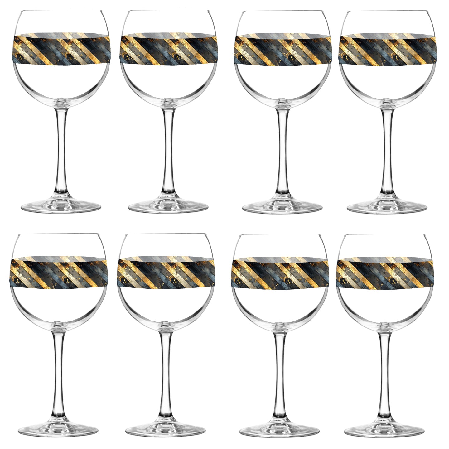 Set of eight balloon wine glasses with decorative black and gold stripes on a white background