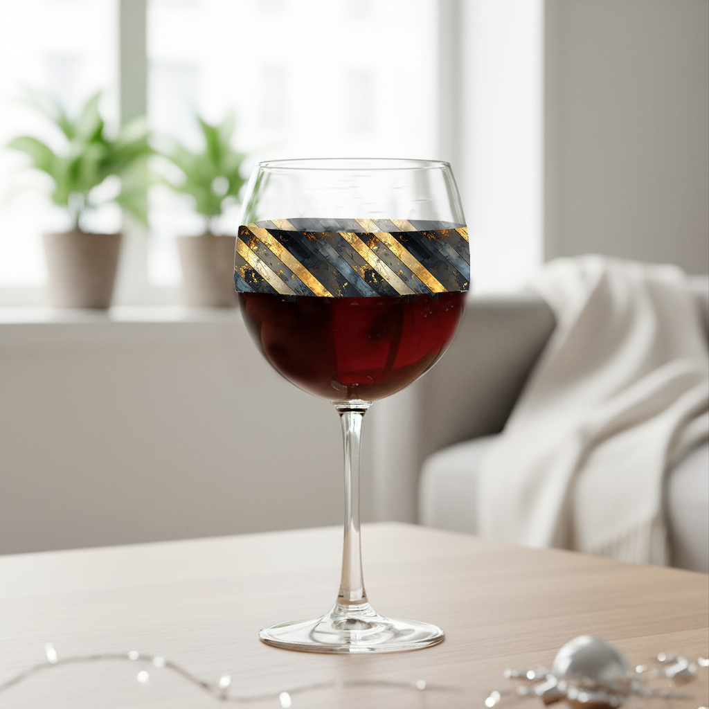 Obsidian Stripes balloon wine glass with gold and black diagonal stripes on a table with a blurred background