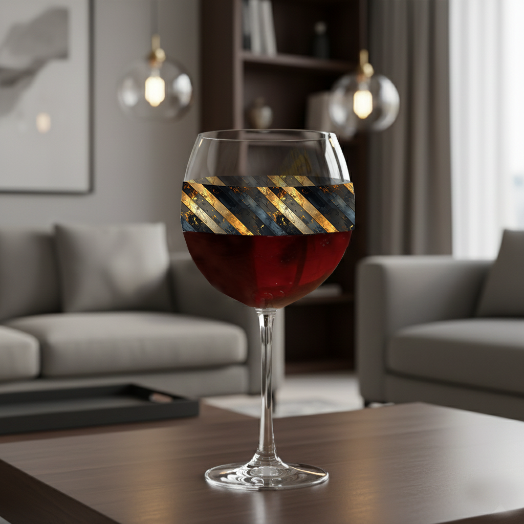 Obsidian Stripes balloon wine glass with gold and black diagonal stripes on a wood table in a modern living room setting