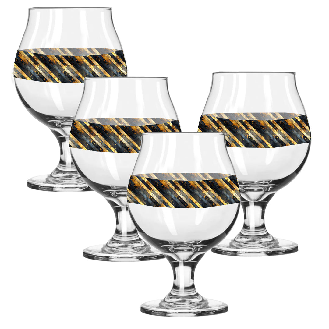 Set of four Belgian beer glasses with black and gold striped bands on a white background