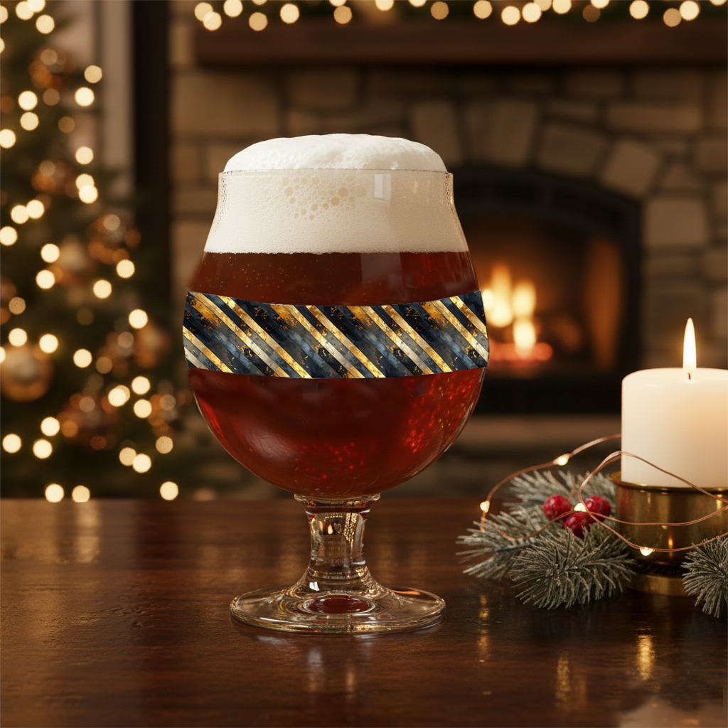 Obsidian Stripes Belgian beer glass with black and gold diagonal design in a festive setting with lights and candles.