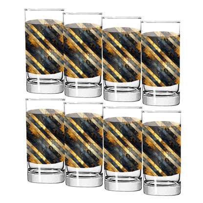 Set of six highball glasses with black and gold striped design on a white background