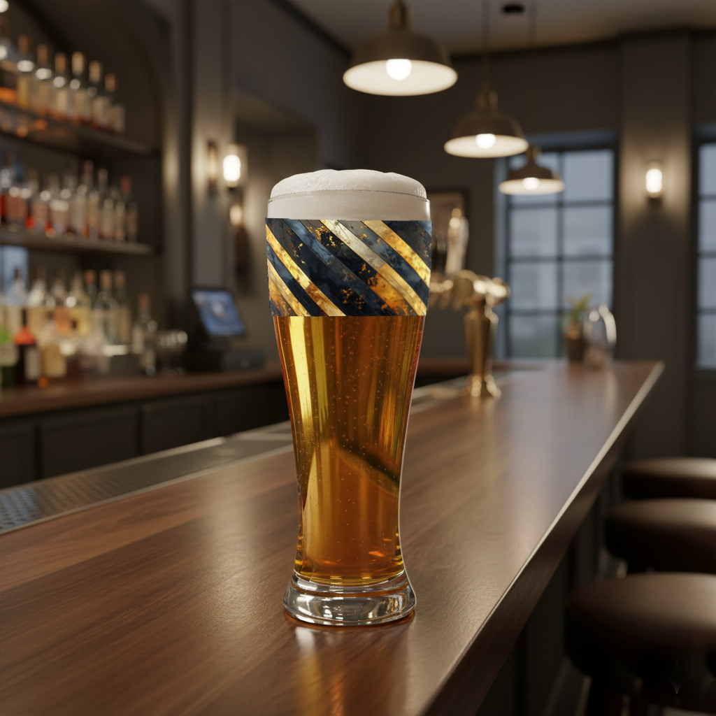 Obsidian Stripes pilsner glass with aged striped design and filled with beer sitting on a bar counter in a dimly lit bar.