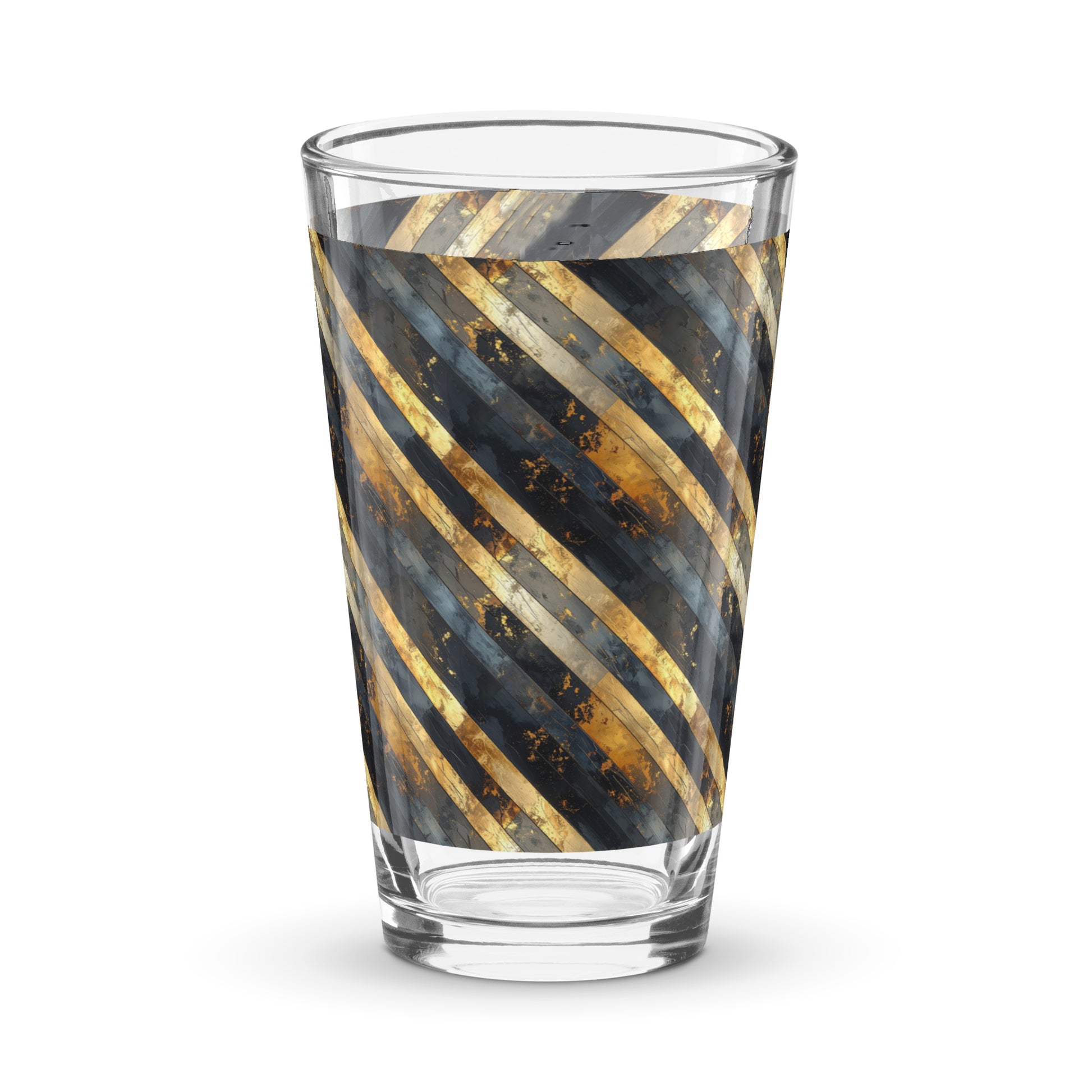Pint beer glass with gold and black striped pattern on a white background